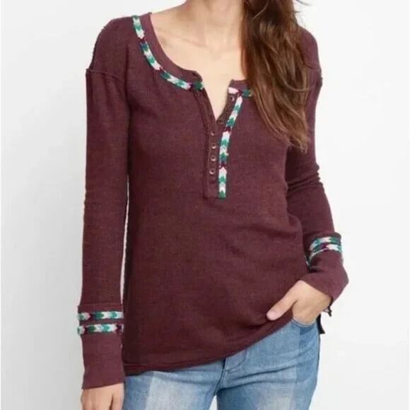 We The Free People Rainbow Trim Henley Thermal Top Small Boho Embroidered Wine - Picture 13 of 13